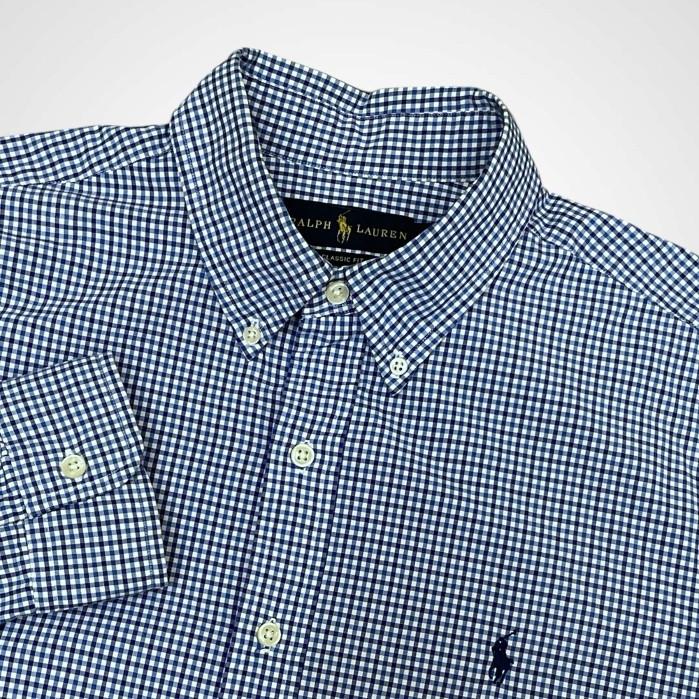 Ralph Lauren Classic Fit Gingham Button Down Shirt Blue White Men's Large Cotton